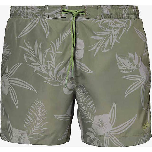 Boss Mens Beige/khaki Flower-print Recycled-polyester Swim Shorts S - BEIGE/KHAKI