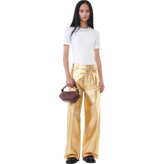 Ganni Metallic Denim Wide-Leg Jeans - W28 - Gold