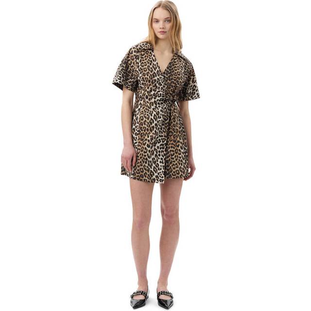 Ganni Women&#39;s Leopard Print Organic Cotton Mini Dress in Brown | Size 34 | F9650 (34)