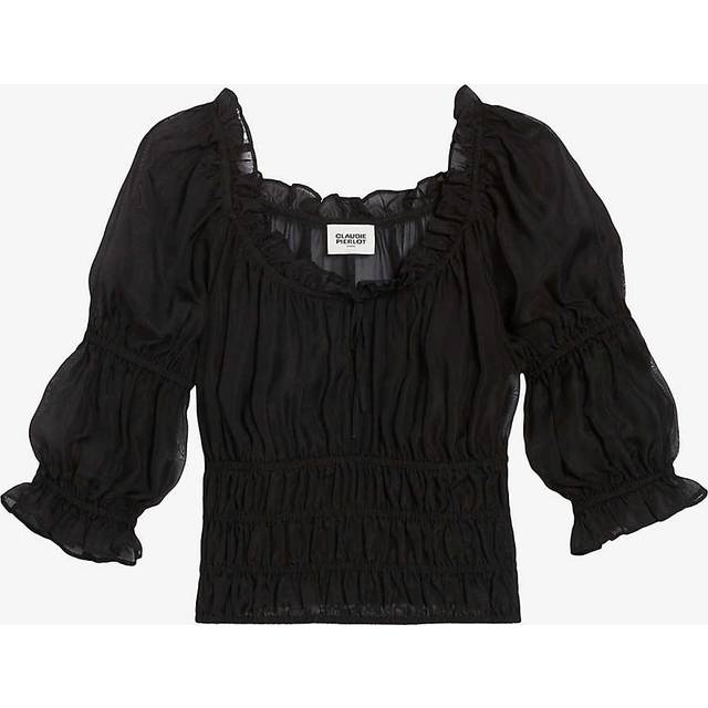 Claudie Pierlot Womens Noir / Gris Ruched Smocked Chiffon Blouse 12