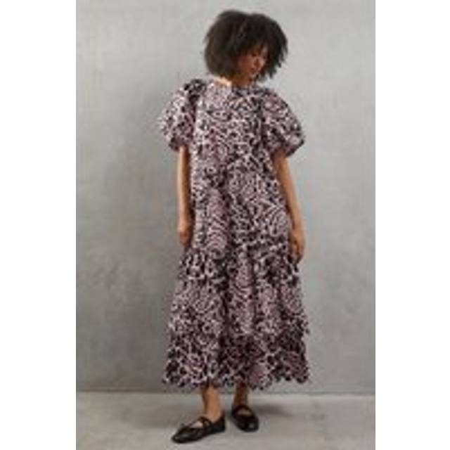 Warehouse Womens Poplin Leopard Print Volume Sleeve Scallop Detail Smock Dress - Pink - Size 10 UK