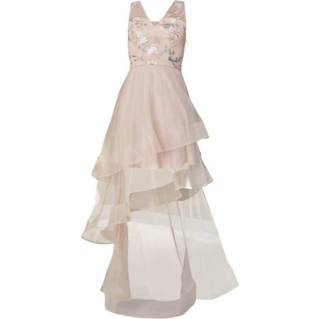 Embroidered Floral Tiered Dip Hem Dress in Pink - 14