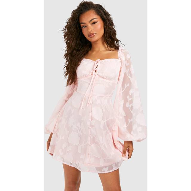 Womens Textured Balloon Sleeve Milkmaid Mini Dress - Pink - 8