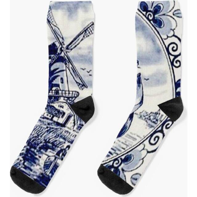 Dress Socks DUTCH BLUE DELFT: Vintage Windmill Print Novelty Fancy Crazy Pattern Crew Casual for Men Women