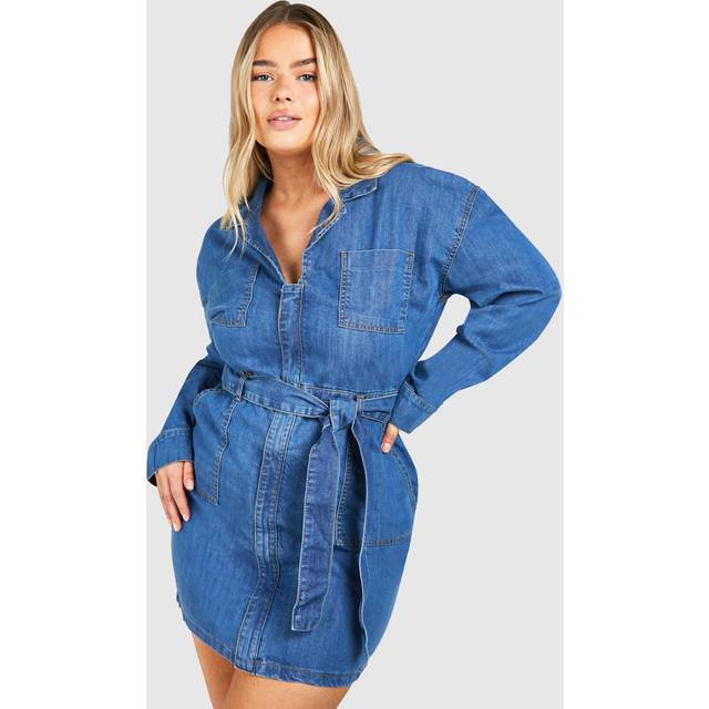 Womens Plus Denim Pocket Tie Belt Dress - Blue - 28, Blue