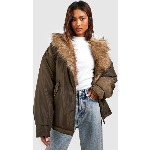 Womens Tall Faux Fur Trim Parka - Green - 10, Green