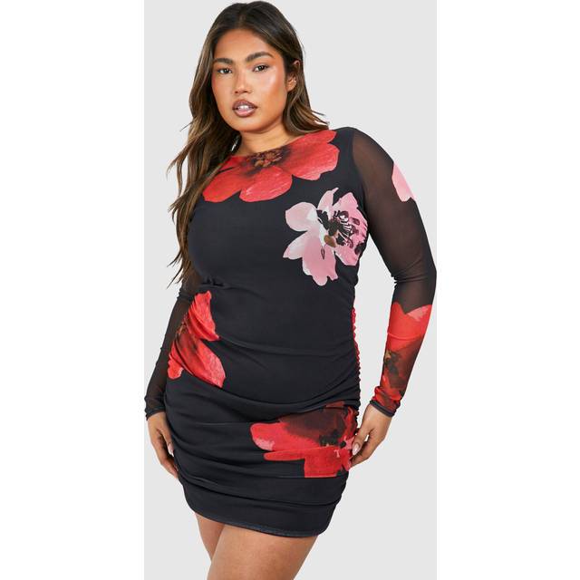 Womens Plus Plus Printed Ruched Bodycon Dress - Black - 18, Black