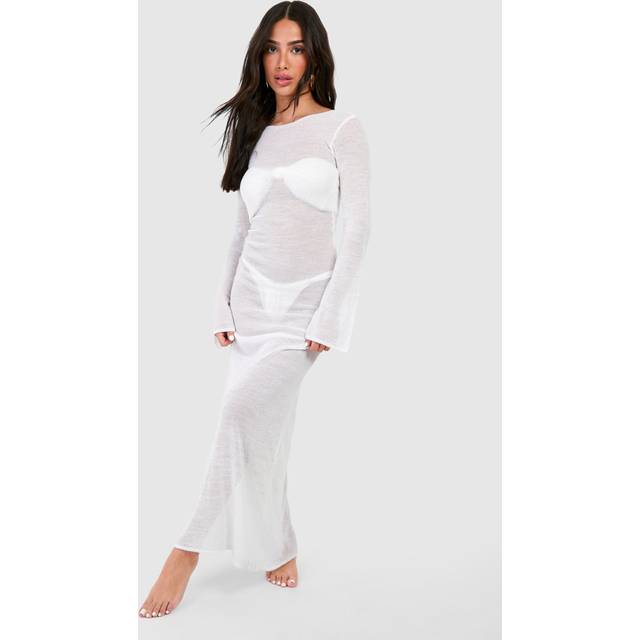 Womens Petite Knit Low Back Maxi Beach Dress - White - Xl, White