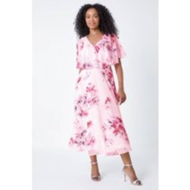 Petite Floral Cape Chiffon Midi Dress - Light Pink - 18