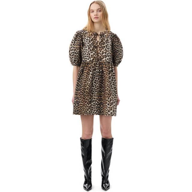 Ganni Women&#39;s Leopard Print Cotton Mini Dress in Brown | Size 38 | F9758 (38)