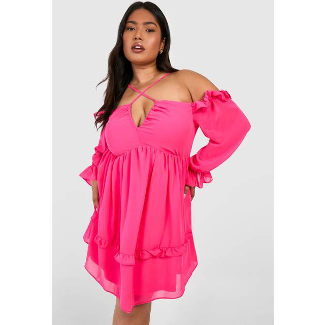 Womens Plus Chiffon Cross Neck Detail Skater Dress - Pink - 18, Pink