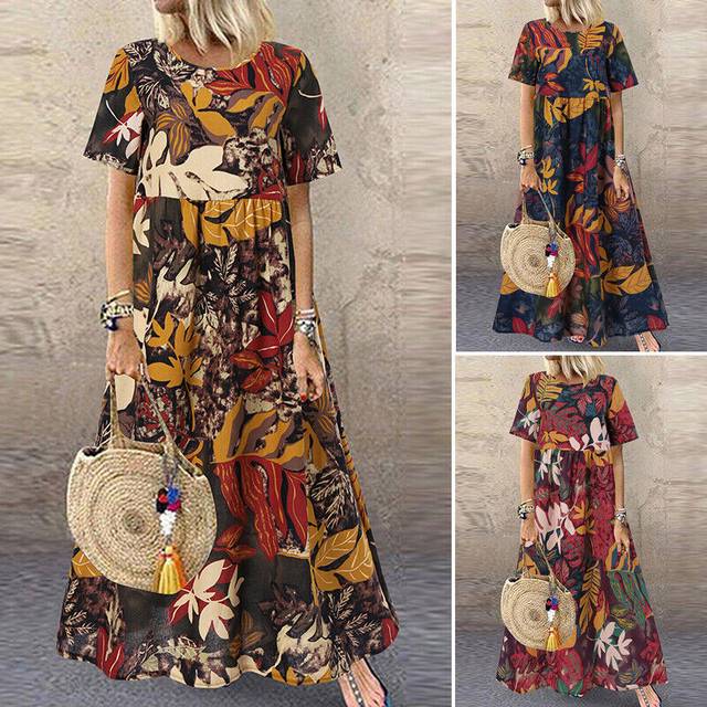 Womens short sleeve printed long dress a line kaftan holiday beach maxi dresses
