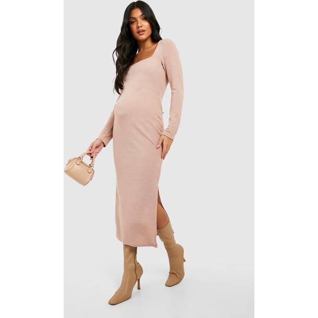 Womens Maternity Square Neck Soft Knit Jumper Dress - Beige - 14, Beige