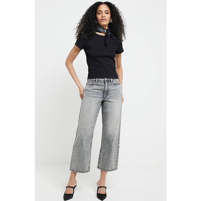 River island womens cropped jeans grey relaxed straight fit denim trousers pants