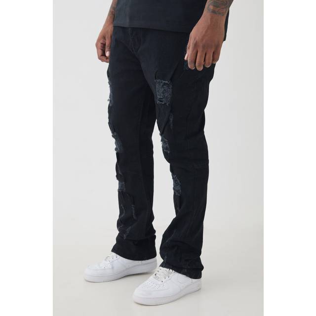 Mens True Black Plus Distressed Multi Ripped Skinny Flared Jeans