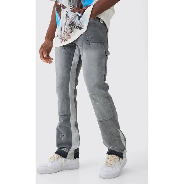 Slim Rigid Flare Paint Splatter Gusset Carpenter Jeans - Grey - 32R