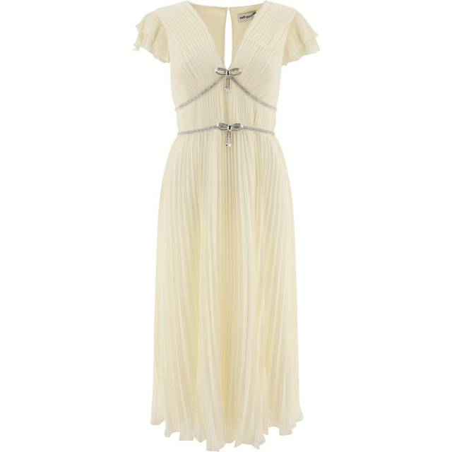 SELF PORTRAIT Chiffon Pleated Midi Dress - Cream