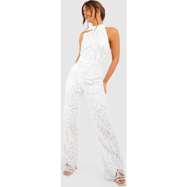 Womens Halter Neck Crochet Wide Leg Jumpsuit - White - 10