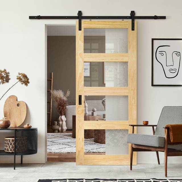 Liberty Doors Clear Pine Internal Unfinished Shaker 4 Light Clear Glass Sliding Door - Black Face Mounted (119910) 1981x686x35mm (78&apos;&apos;x27&ap