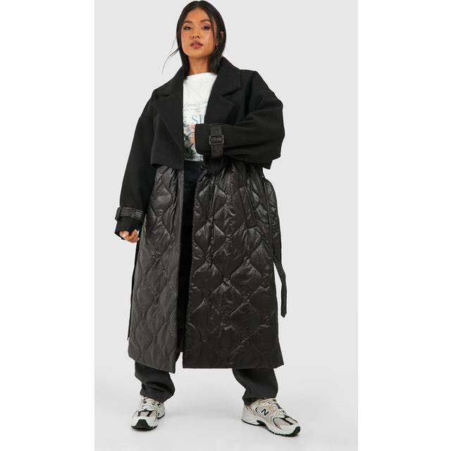 Womens Petite Quilted Wool Look Padded Trench Coat - Black - 6