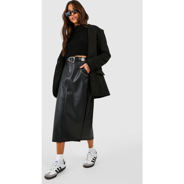 Womens Leather Look High Waisted Midaxi Skirt - Black - 8, Black