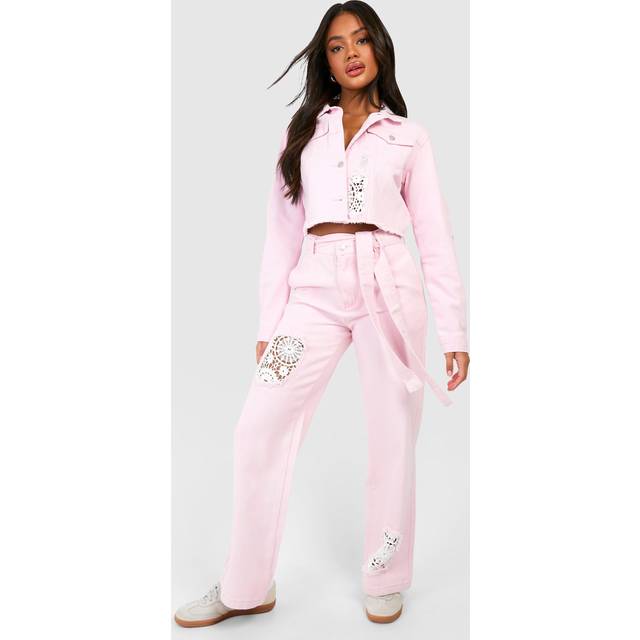 Womens Crochet Mix Belted Wide Leg Jeans - Pink - 10