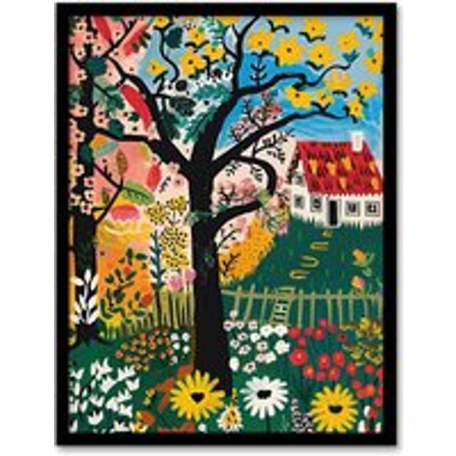 Cottage House Garden Flowers Folk Art Painting Framed Art Print - Multi - A4