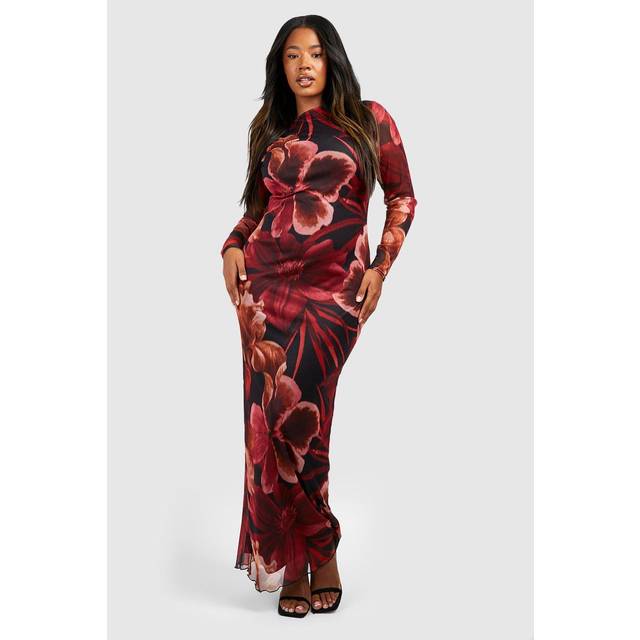 Womens Plus Floral Mesh Low Back Maxi Dress - Black - 28