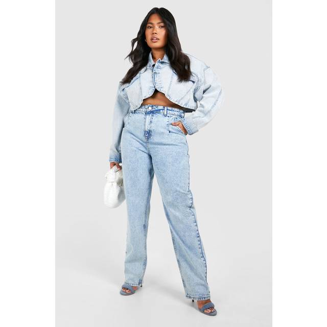 Womens Plus Pleated At Waist Roll Hem Mom Jeans - Blue - 26, Blue