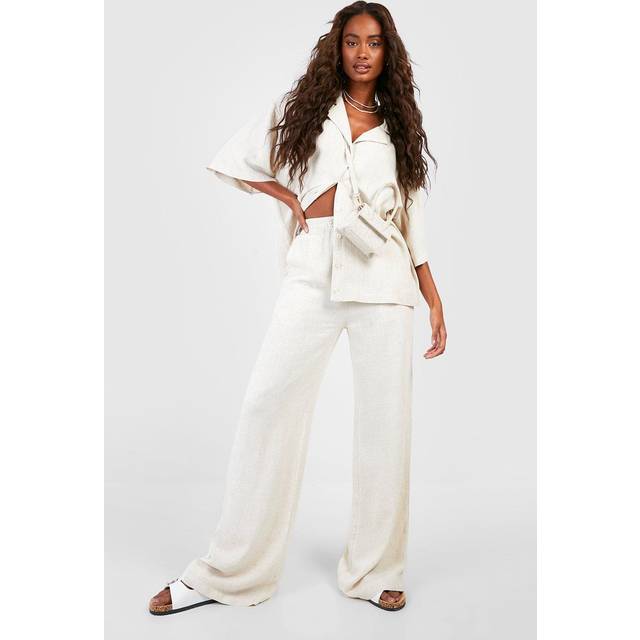 Womens Linen Mix Relaxed Fit Wide Leg Trousers - Natural Beige - 18