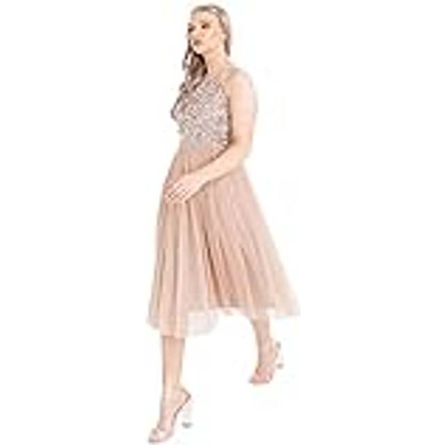 Embellished Halter Neck Midi Dress - Taupe - 28