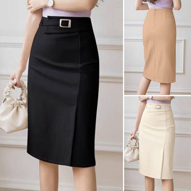 Uk women high waist back zipper knee length skirts ol office formal ladies skirt