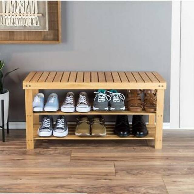 3 tier wooden slated shoe rack holder grey bamboo wood