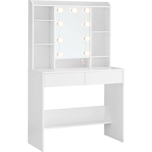VASAGLE Dressing Table With LED Lights, 9 Bulbs, 3 Light Colours, Adjustable Brightness, Vanity Desk With Mirror, Adjustable Shelves, 2 Drawers, Makeup Desk,