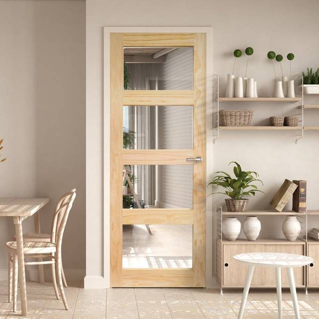 Liberty Doors Clear Pine Internal Unfinished Shaker 4 Light Clear Glass Door  - 1981x686x35mm (78&apos;&apos;x27&apos;&apos;) (LIBCPS4PCG27) Size (Hei