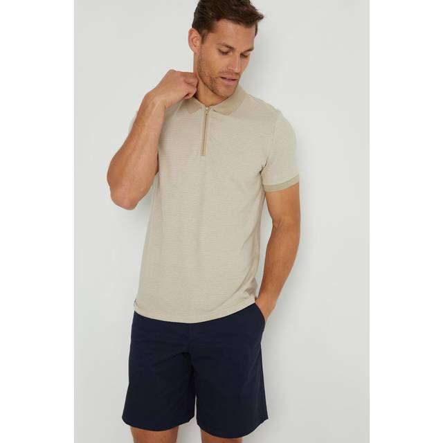 'Leonard' Cotton Jacquard Quarter Zip Polo Shirt - Beige - XXL