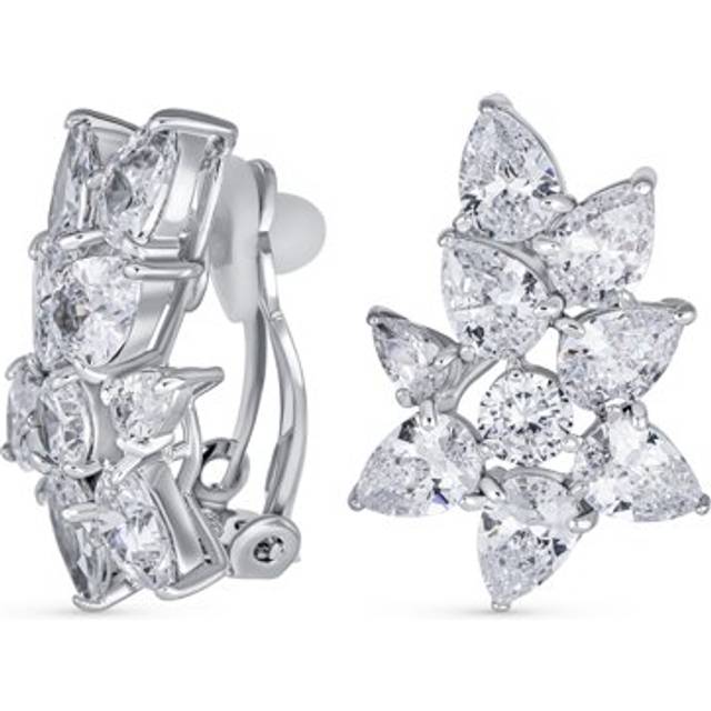 Elegant Classic Bridal Marquise Cut Leaf Cluster AAA Cubic Zirconia CZ Leaf Clip Earrings Women Wedding Prom Formal Party Silver Plated