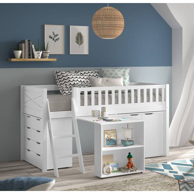 Vipack Halvhøj Seng Med Skrivebord Og Opbevaring Scott Sæt Hvid