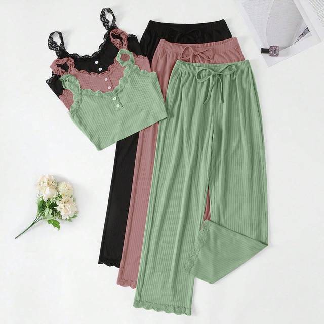 SHEIN 3pcs Women Lace Trim Top And Shorts Pajama Set