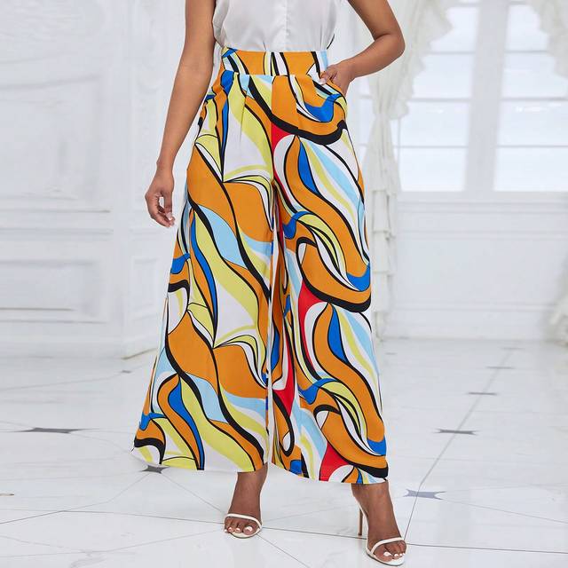 VaVaBold Printed High-Waisted Wide-Leg Trousers Beach Pants