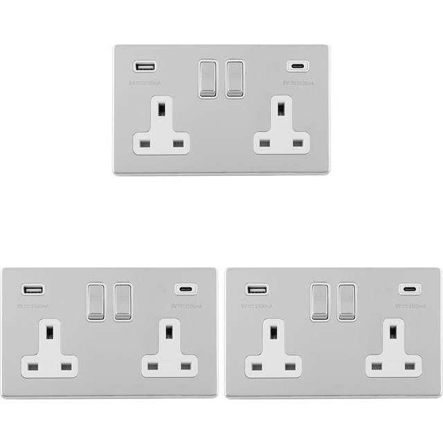 3 PACK 2 Gang Double 13A UK Plug Socket & 2x 3.1A USB-C SCREWLESS CHROME Charger