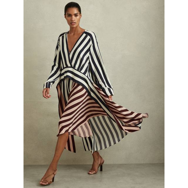Reiss Womens Vy/off White Nola Striped Woven Midi Dress 10 - NAVY/OFF WHITE