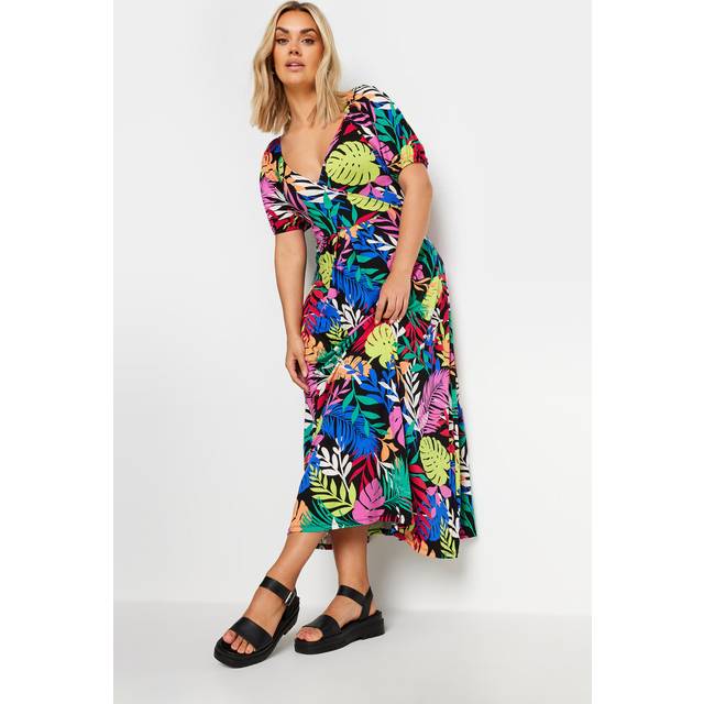 Yours Curve Black Rainbow Leaf Print Wrap Dress, Women's Curve & Plus Size, Yours - 26-28