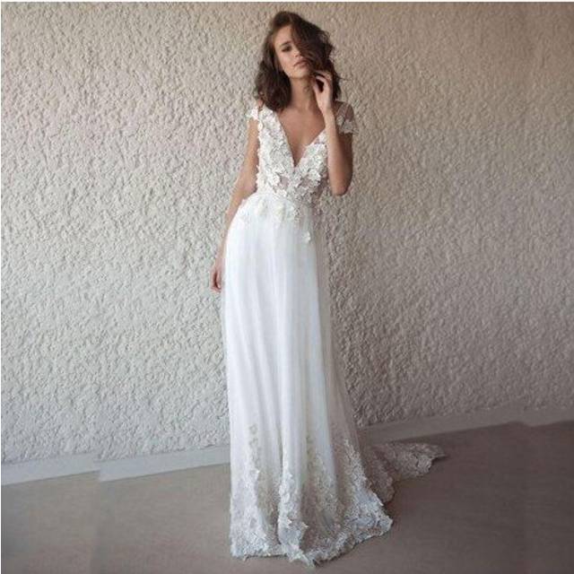 (Ivory) LORIE Sexy Wedding Dress Boho Long Backless White Beach Wedding Dress Appliques Lace V Neck Princess Bride Dress