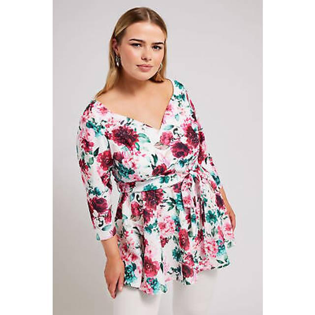 Yours London Curve Pink & Blue Floral Print Peplum Top, Women's Curve & Plus Size, Yours London - White - 30-32