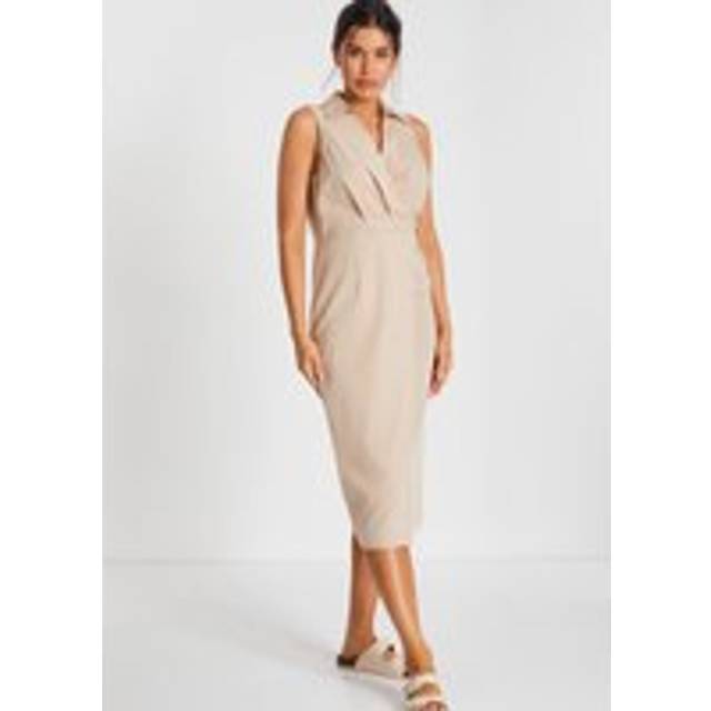 Quiz Womens Stone Linen Look Midi Shirt Dress - Size 10 UK