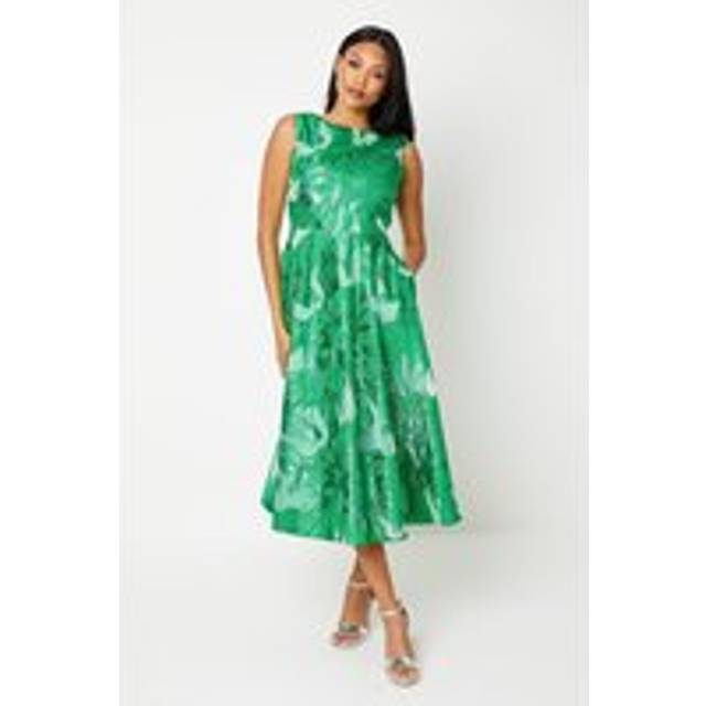 Premium Jacquard Midi Wedding Guest Dress - Green - 12