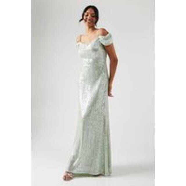 Cold Shoulder Sequin Bridesmaid Dress - Sage - 12