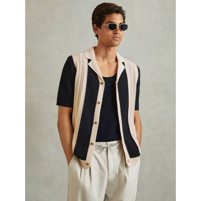 Nicoli Crochet Striped Shirt - NAVY/STONE - Beginning with men's tailoring in 1970's London, Reiss' design philosophy has endured for over five decades, maintaining the distinctive tailoring, sharp cuts, and contemporary prints it has become famous for to create investment pieces destined to stay in your wardrobe for seasons to come.