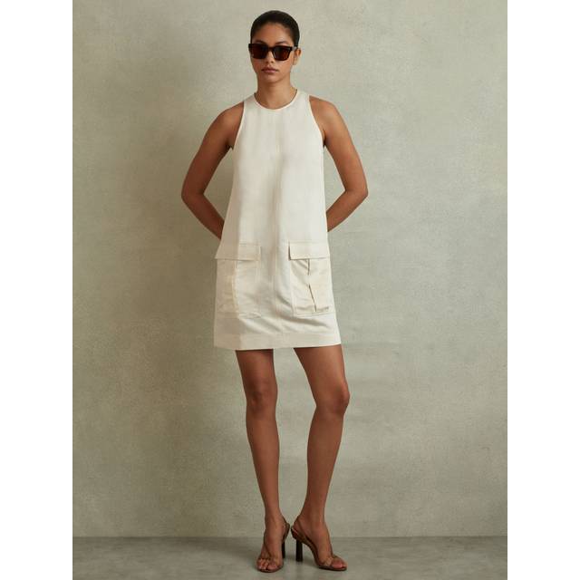 Reiss Womens Beige Cecile Round-neck Sleeveless Linen-blend Mini Dress 14 - BEIGE